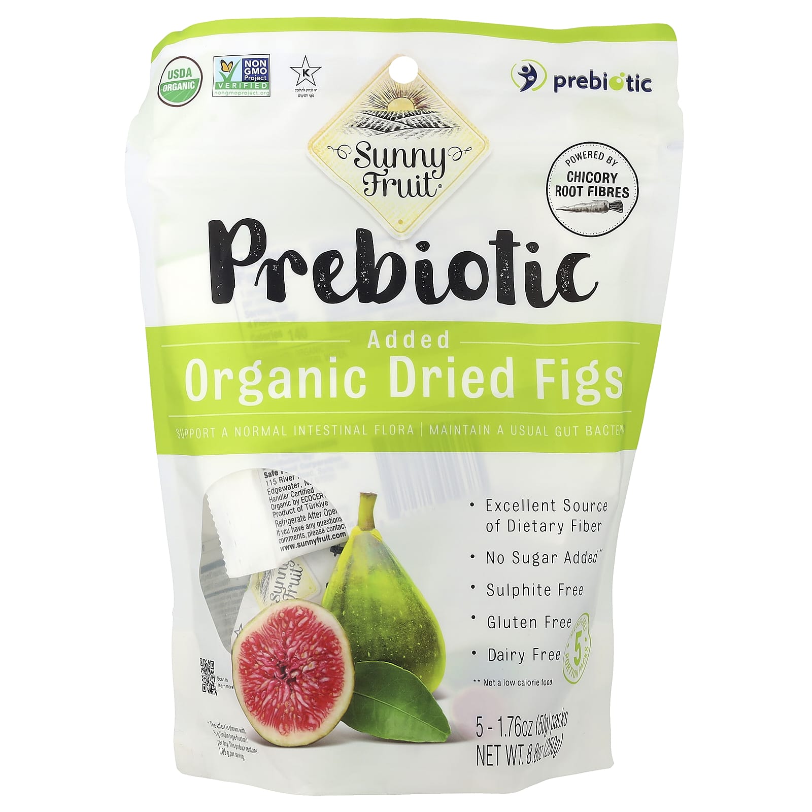Sunny Fruit, органический сушеный инжир с добавлением пребиотиков, 5 пакетиков по 50 г (1,76 унции)