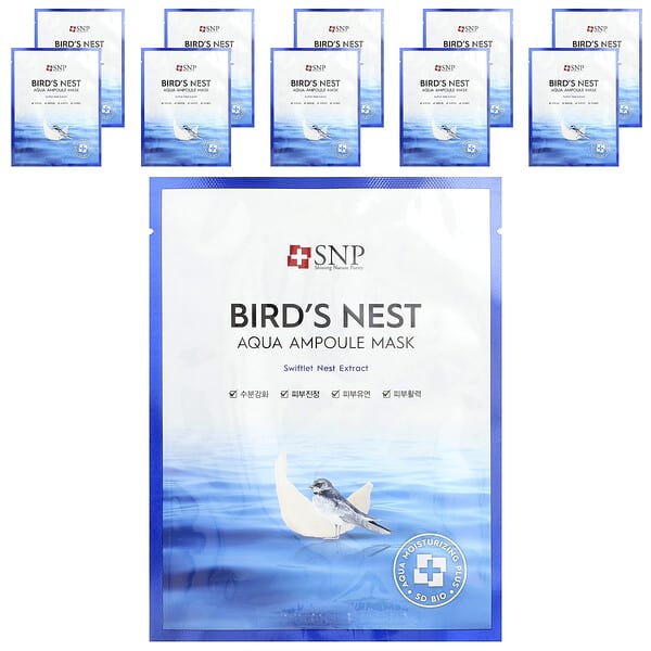 SNP, 燕窩，補水安瓶美容面膜，10 片，每片 0.84 液量盎司（25 毫升）