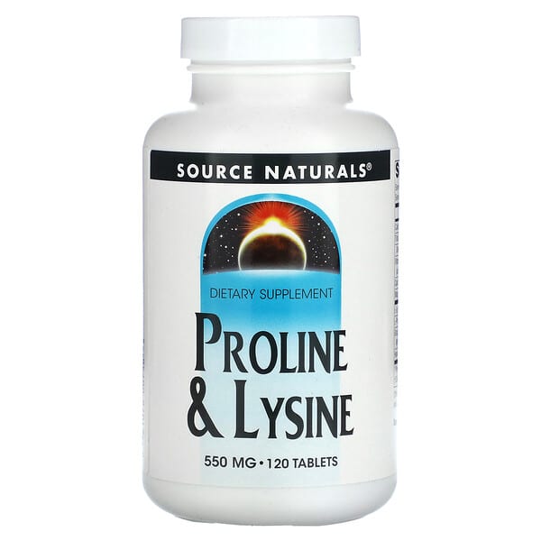 Source Naturals, L-Prolina e L-Lisina, 550 mg, 120 Comprimidos