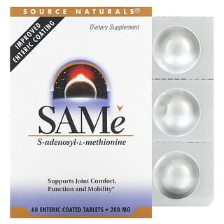 Source Naturals, SAMe, S-аденозил-L-метіонін, 200 мг, 60 таблеток, вкритих кишковорозчинною оболонкою