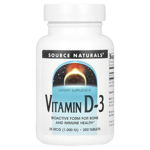 Source Naturals, 비타민D-3, 25mcg(1,000IU), 200정