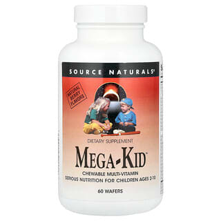 Source Naturals, Mega-Kid, мултивитамини за дъвчене, възраст 2-10 години, натурални горски плодове, 60 вафли