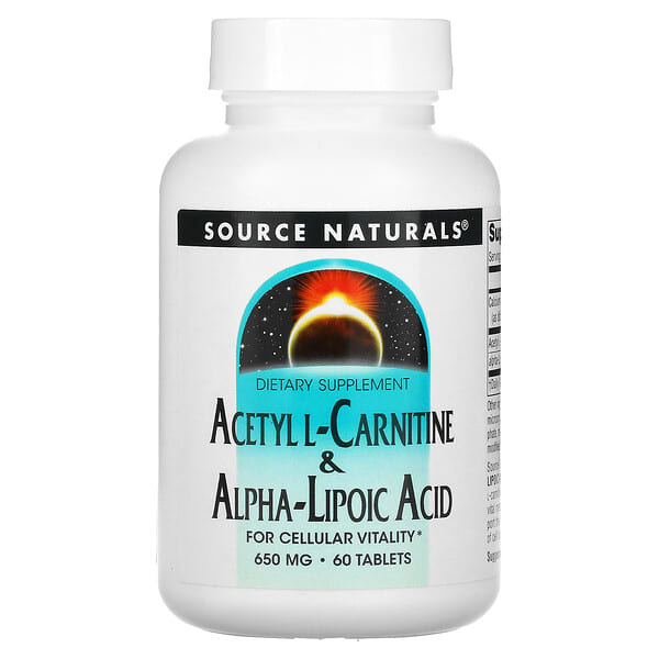 Source Naturals, ацетил-L-карнитин и альфа-липоевая кислота, 650 мг, 60 таблеток