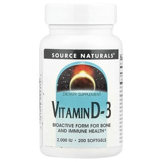 Source Naturals, Витамин D-3, 2000 международных единиц, 200 мягких капсул