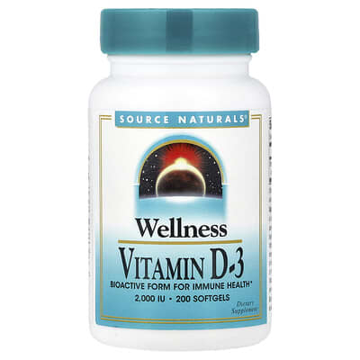 Source Naturals, Wellness, Vitamin D-3, 50 mcg (2,000 IU), 200 Softgels
