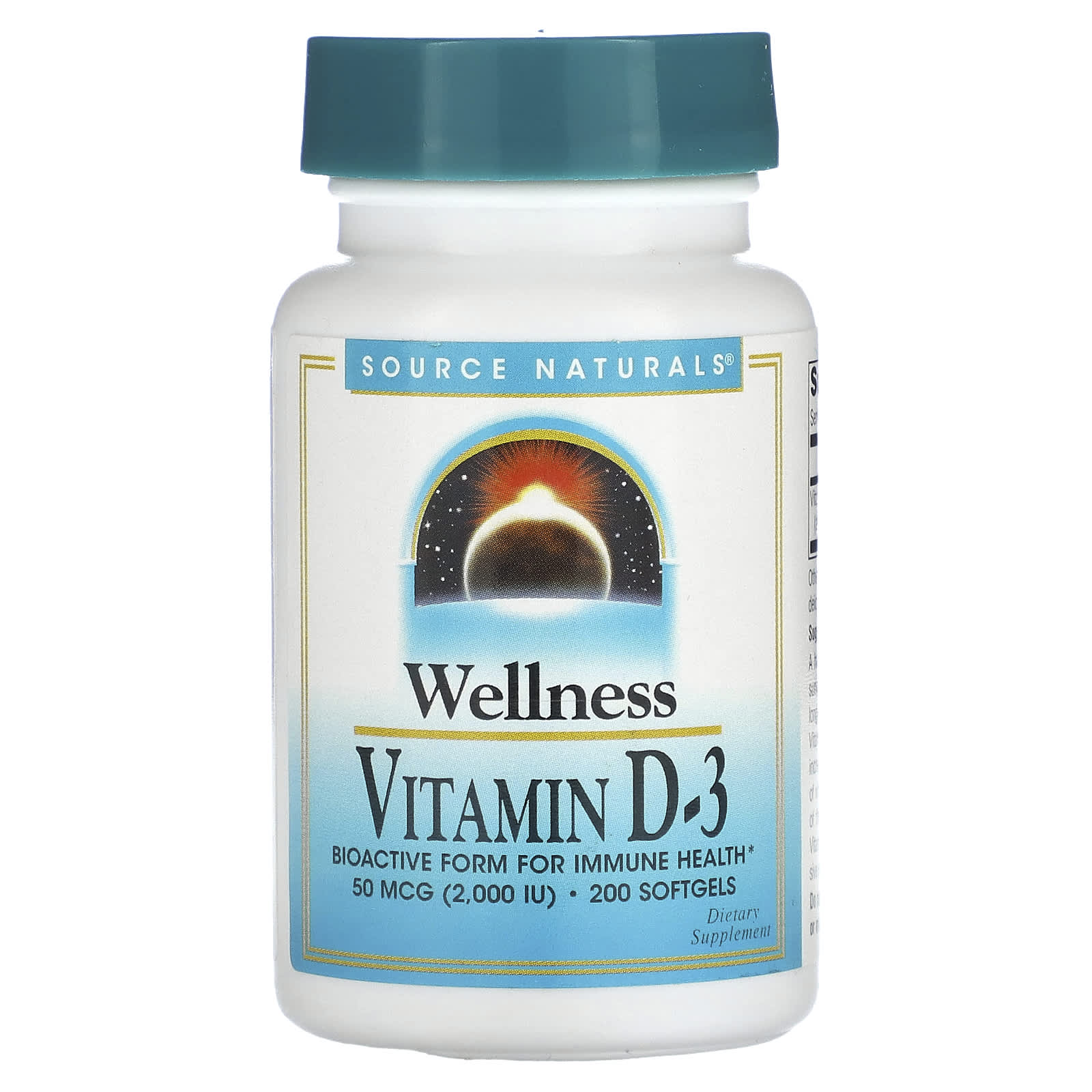 Source Naturals, Wellness, Vitamin D3, 50 mcg (2,000 IU), 200 Softgels