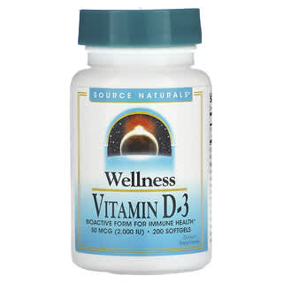Source Naturals, Wellness, витамин D3, 50 мкг (2000 МЕ), 200 мягких таблеток