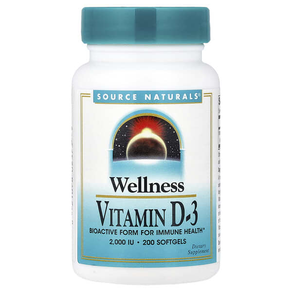 Source Naturals, Wellness, vitamín D-3, 50 μg (2 000 IU), 200 měkkých kapslí