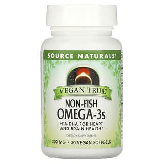 Source Naturals, Vrai végan, Oméga-3 sans poisson, 300 mg, 30 capsules à enveloppe molle véganes