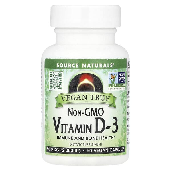 Source Naturals Vegan True®, Non-GMO Vitamin D3, 50 mcg (2000 IU), 60 Vegan Capsules