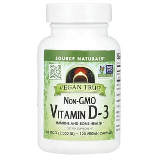 Source Naturals‏, ®Vegan True, ויטמין D3 ללא רכיבים מהונדסים גנטית, 50 מק"ג (2,000 יחב"ל), 120 כמוסות טבעוניות