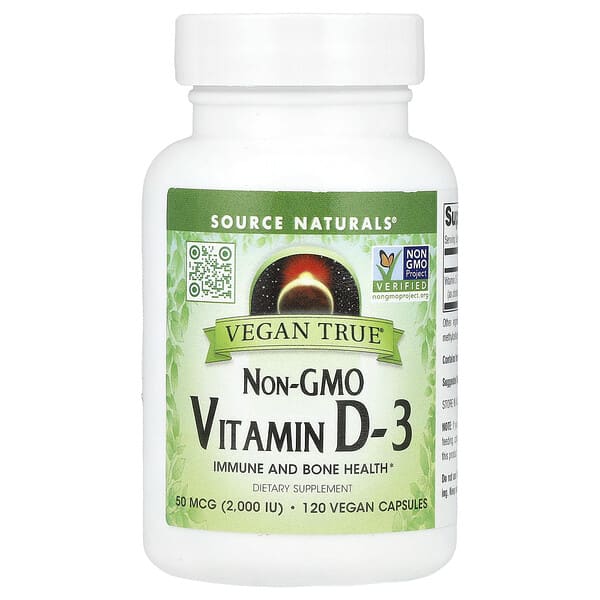 Source Naturals Vegan True®, Non-GMO Vitamin D-3, 50 mcg (2000 IU), 120 Vegan Capsules