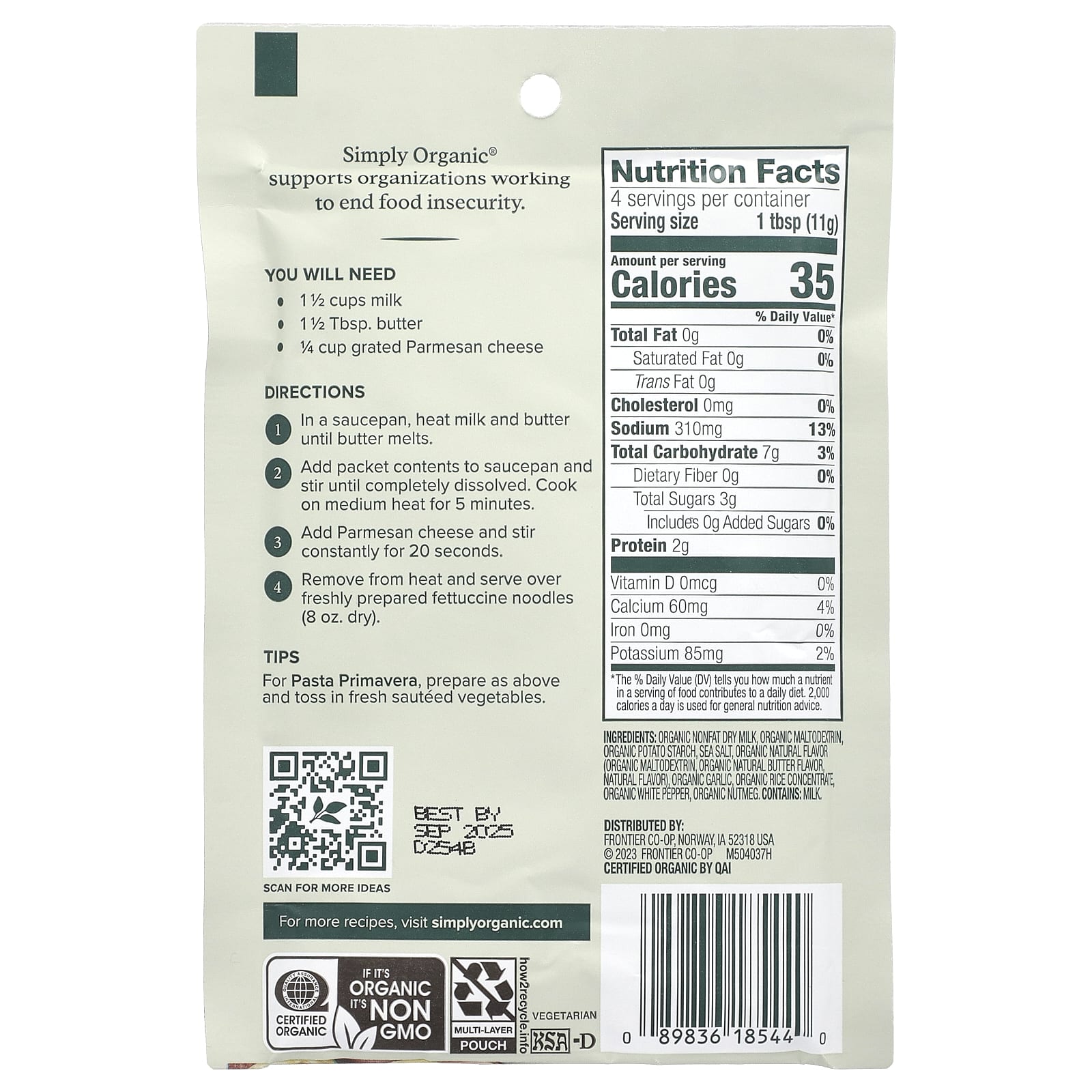 Simply Organic, Alfredo Sauce Mix, 12 Packets, 1.48 oz (42 g) Each