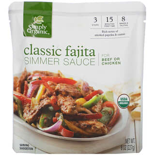 Simply Organic, Organic Simmer Sauce، Classic Fajita، يُستخدم مع لحم البقر أو الدجاج، 8 أوقية (227 غرام)
