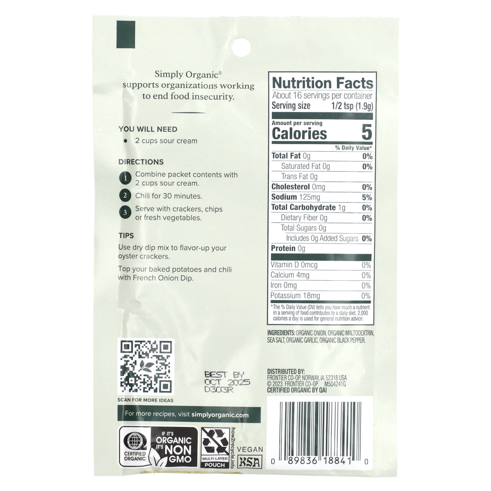 Simply Organic, French Onion Dip Mix, 3 Packets, 1.10 oz (31 g) Each