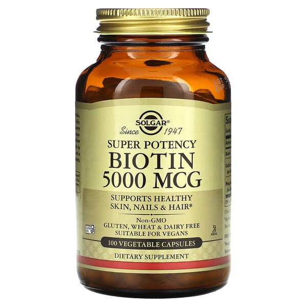 Solgar, Biotin, 5,000 mcg, 100 Vegetable Capsules