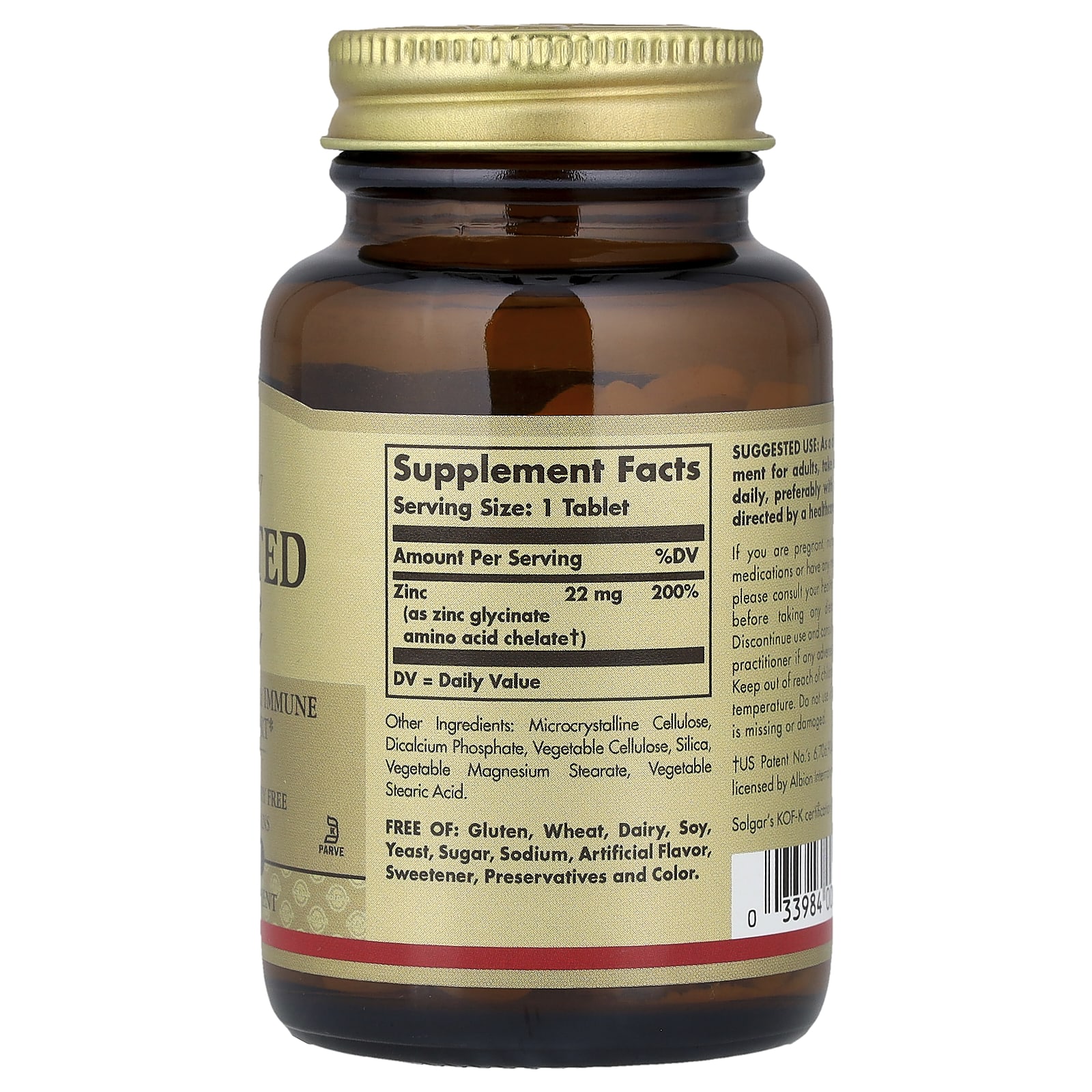 Solgar, Şelatlı Çinko, 100 Tablet (Tablet başına 22 mg)