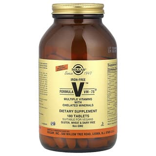 Solgar, Formula V VM-75, vitamine multiple cu minerale chelate, fără fier, 180 de tablete