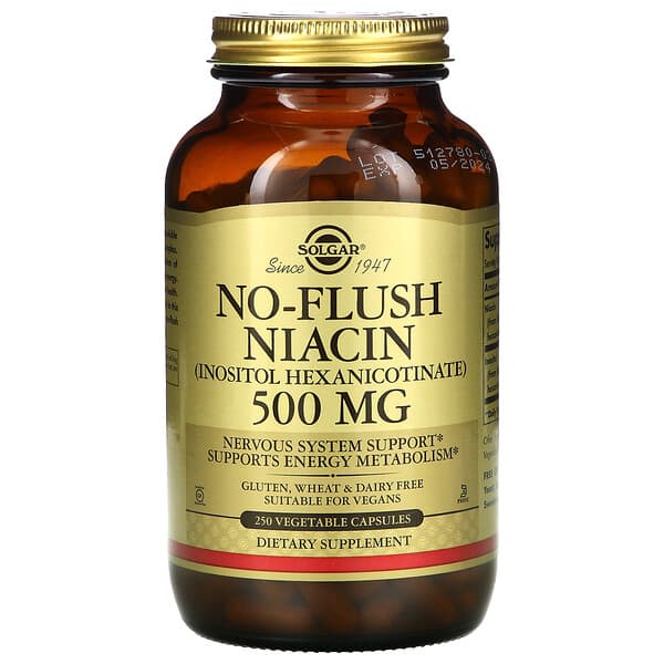 Solgar, ниацин, не вызывающий покраснений, 500 мг, 250 растительных капсул