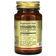 Solgar, вітамін B1, 100 мг, 100 вегетаріанських капсул