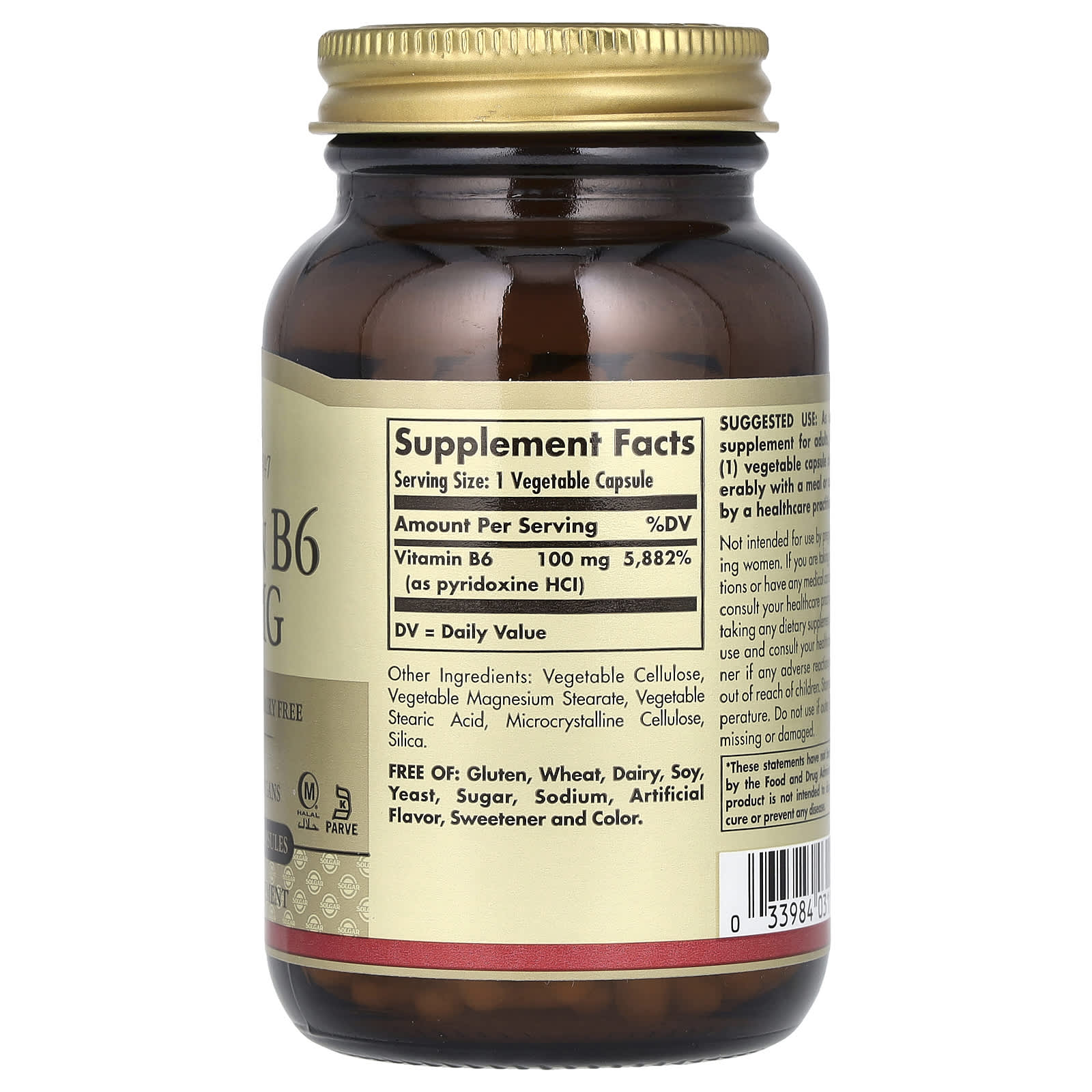 Solgar, Vitamin B6, 100 mg, 250 Vegetable Capsules
