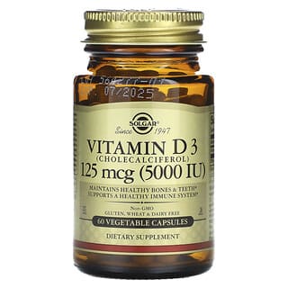 Solgar, Витамин D3 (холекальциферол), 125 мкг (5000 МЕ), 60 растительных капсул