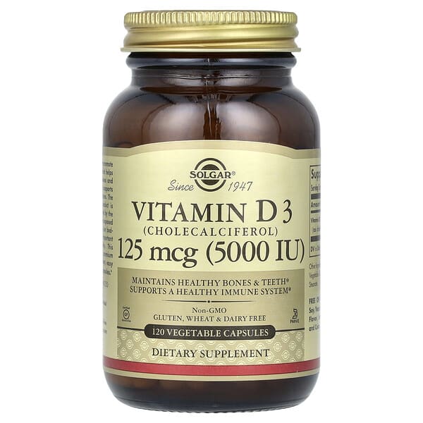 Solgar, Vitamin D3 (Cholecalciferol), 125 mcg (5000 IU), 120 Vegetable Capsules