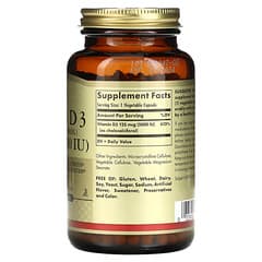 Solgar, вітамін D3 (холекальциферол), 125 мкг (5000 МО), 240 вегетаріанських капсул