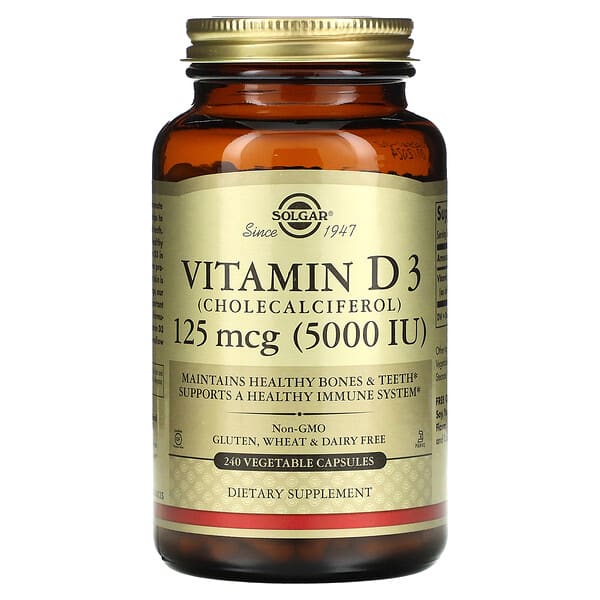 Solgar, Vitamina D3 (Colecalciferol), 5.000 UI, 240 Cápsulas Vegetais