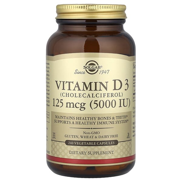 Solgar, 維生素 D3（膽鈣化醇），125 微克（5,000 國際單位），240 粒蔬菜膠囊