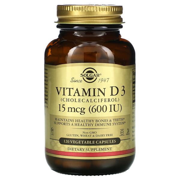 Solgar, Vitamina D3 (colecalciferol), 15 mcg (600 UI), 120 cápsulas vegetales