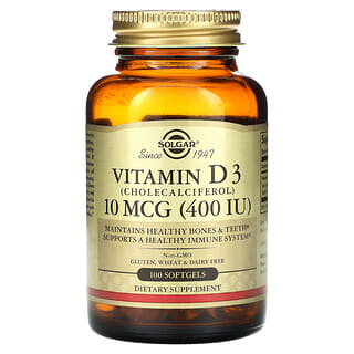 Solgar, Vitamine D3 (cholécalciférol), 10 µg (400 UI), 100 capsules à enveloppe molle