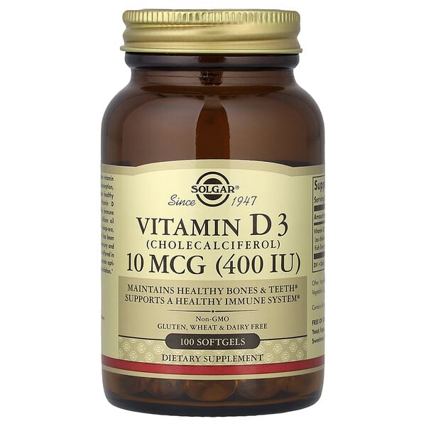Solgar, Vitamine D3 (cholécalciférol), 10 µg (400 UI), 100 capsules à enveloppe molle