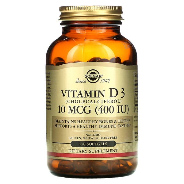 Solgar, Vitamine D3, 10 µg (400 UI), 250 capsules à enveloppe molle