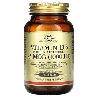 Solgar, Vitamine D3 (cholécalciférol), 25 µg (1000 UI), 100 capsules à enveloppe molle
