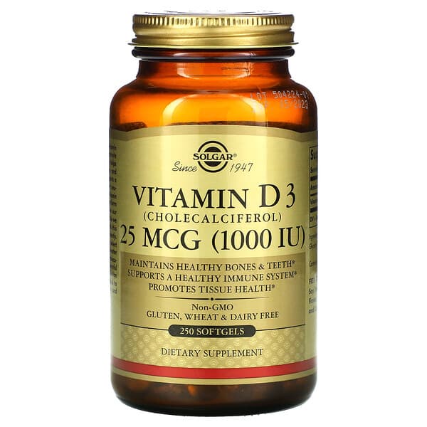 Solgar, Vitamine D3 (cholécalciférol), 25 µg (1000 UI), 250 capsules à enveloppe molle