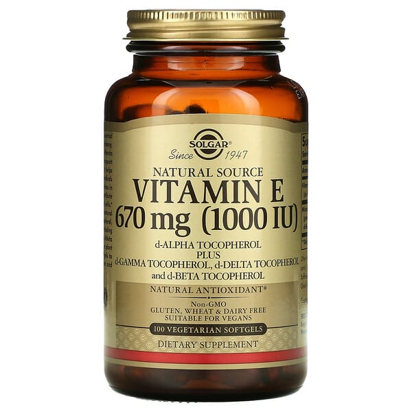 Solgar, Naturally Sourced Vitamin E, Vitamin E aus natürlicher Quelle, 670 mcg (1.000 IU), 100 pflanzliche Weichkapseln