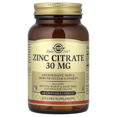 Solgar, Zinc Citrate, 30 mg, 100 Vegetable Capsules