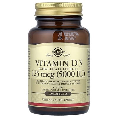 Solgar, Vitamin D3 (Cholecalciferol) Softgels, 125 mcg (5,000 IU), 100 Softgels