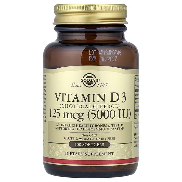 Solgar, 維生素 D3 （膽鈣化醇）軟膠囊，125 微克 (5,000 IU)，100 粒裝