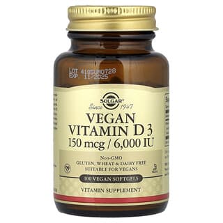 Solgar, Vitamine D3 vegan, 150 µg (6000 UI), 100 capsules vegan à enveloppe molle