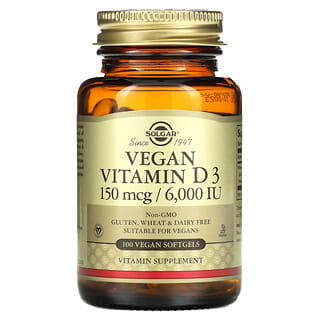 Solgar, Веганский витамин D3, 150 мкг / 6000 МЕ, 100 веганских капсул