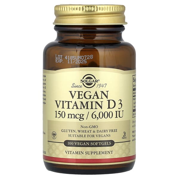 Solgar Vegan Vitamin D3, 150 mcg (6000 IU), 100 Vegan Softgels