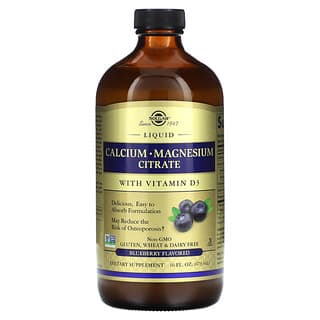 Solgar, 비타민D3가 함유된 액상 칼슘 마그네슘 시트레이트, 천연 블루베리 맛, 473ml(16fl oz)