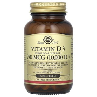 Solgar, Vitamine D3 (cholécalciférol), 250 µg (10 000 UI), 120 capsules à enveloppe molle