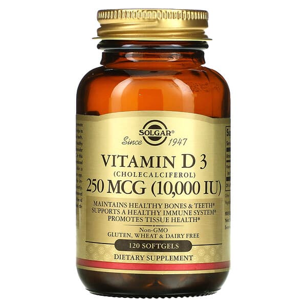 Solgar, Vitamina D3 (colecalciferol), 250 mcg (10.000 UI), 120 cápsulas blandas