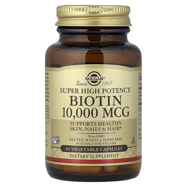 Solgar, 비오틴, 슈퍼 고효능, 10,000mcg, 베지 캡슐 60정