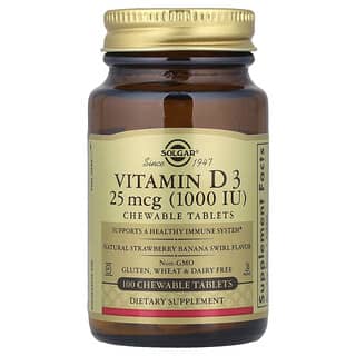 Solgar, Vitamina D3, sabor natural a frutilla y banana, 1000 UI, 100comprimidos masticables