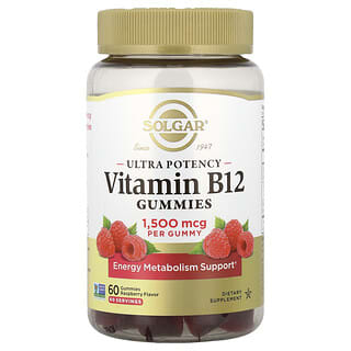 Solgar, Gomas de Vitamina B12, Ultrapotência, Framboesa, 1.500 mcg, 60 Gomas