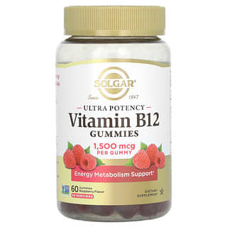 Solgar, жевательный витамин B12, повышенная эффективность, малина, 1500 мкг, 60 жевательных таблеток